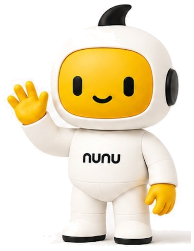 nunu, the company mascot — a friendly white robot with a yellow face, waving